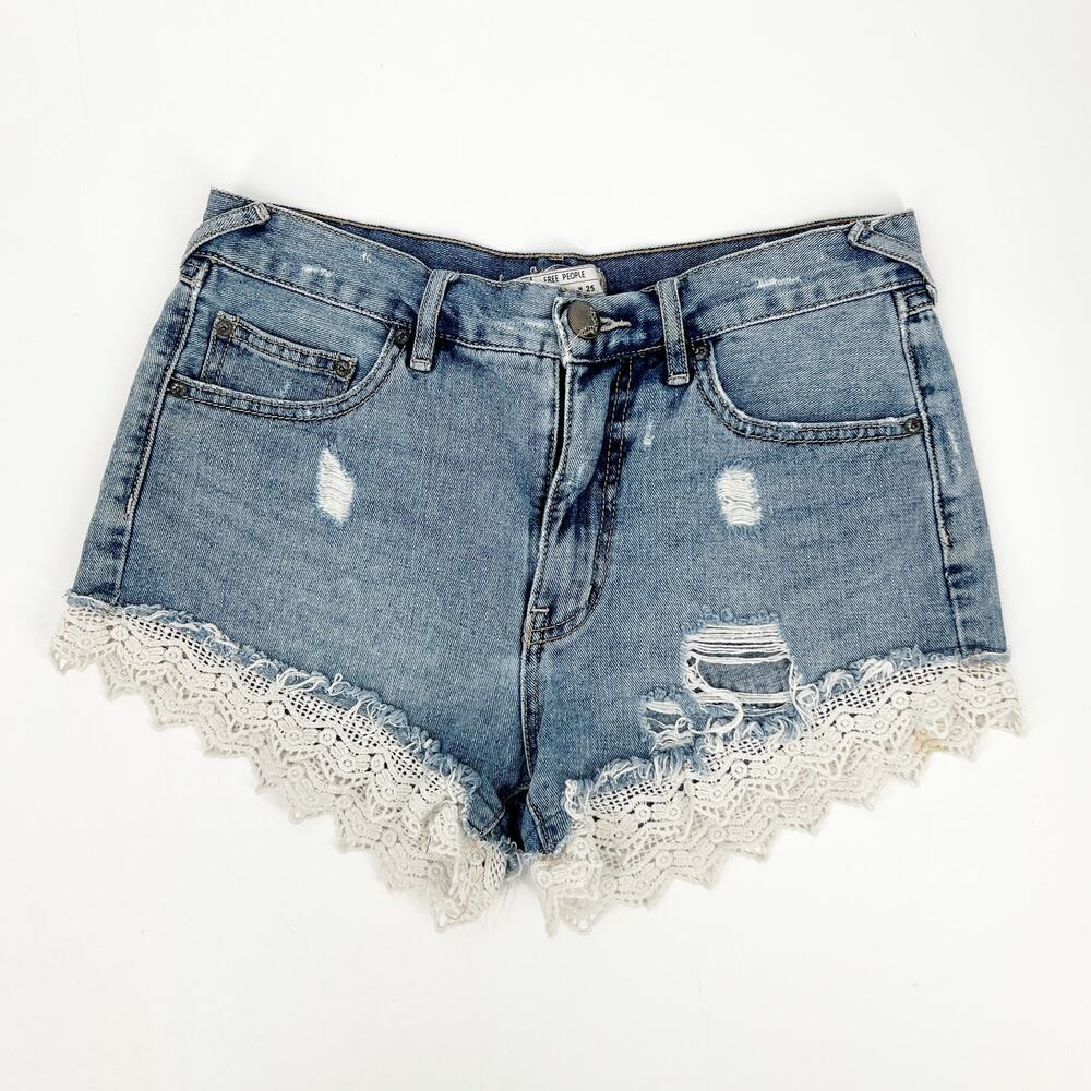 Free People Lace Crochet Trim Cut-Off Distressed Boho Denim Shorts Size 25